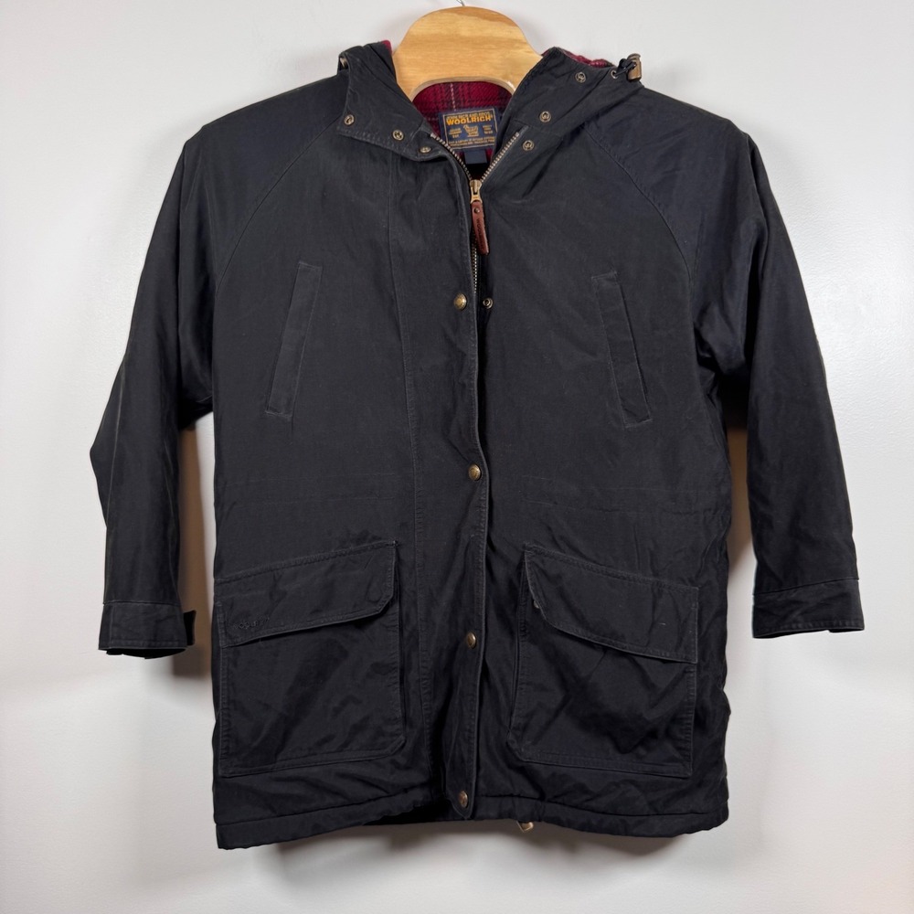 Woolrich Women Large Black Hooded Field Jacket Plaid‎ Quilt Lined Casual Vintage